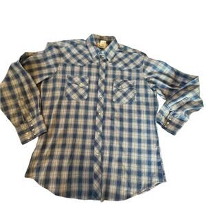 VTG Wrangler Wrancher Shirt Mens XL Blue Plaid Pearl Snap Long Sleeve Western